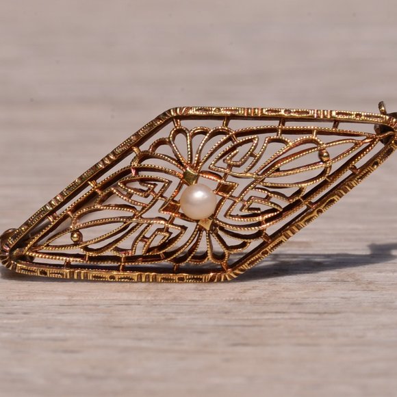 Krementz Signed Yellow Gold Filigree Brooch With Seed Pearl  Krementz Signed Yellow Gold Filigree Brooch with Seed Pearl